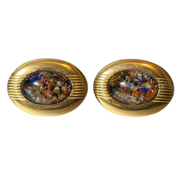 Vintage Anson Men Confetti Glitter Under Glass CUFFLINKS Gold Tone Oval